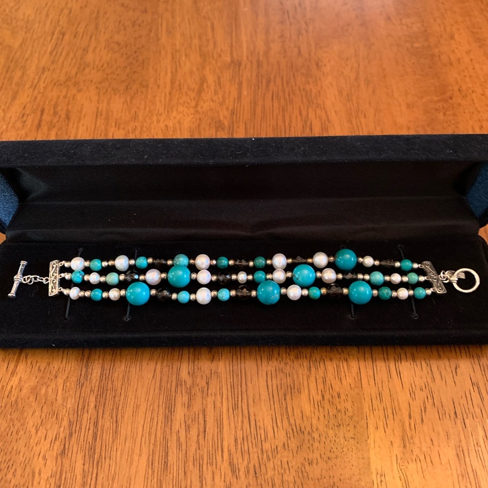 Natural Turquoise, Pearl, Amber & Sterling Silver 3 Strand Toggle Bracelet